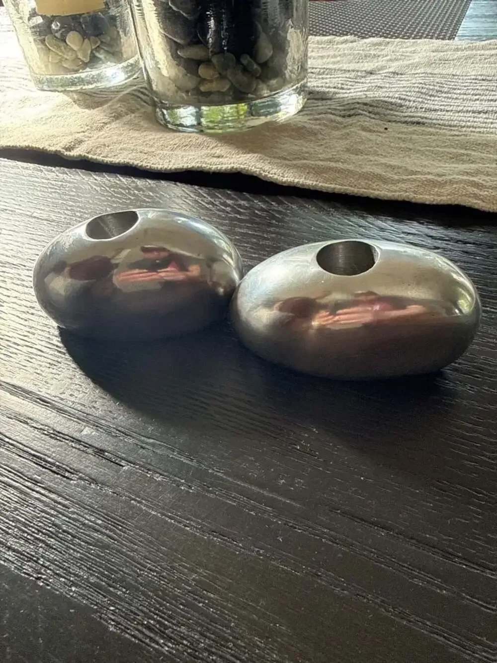 Set of 2 Pottery Barn Mid-Century Modern Style Polished Metal Pebble Candle Hold